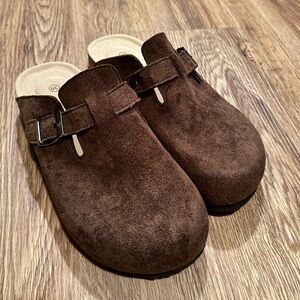 Brown Suede Clogs with Buckle